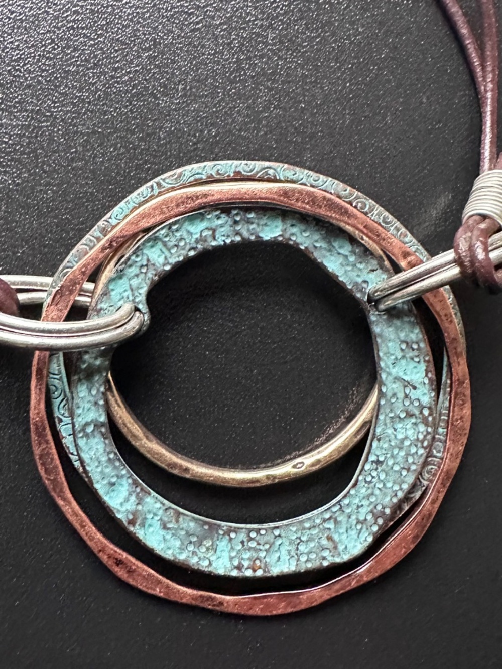Mixed Metal Patina Circle Pendant Necklace Leather Cord Adjustable